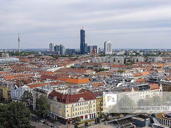 City view  view from the Riesenrad am Prater to the building complex of the United Nations  Donaustadt  Vienna  Austria  Europe