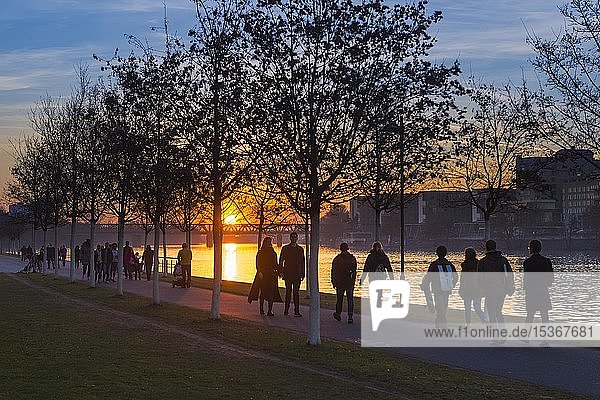 Spaziergänger am Mainufer bei Sonnenuntergang  Theodor-Stern-Kai  Frankfurt am Main  Hessen  Deutschland  Europa