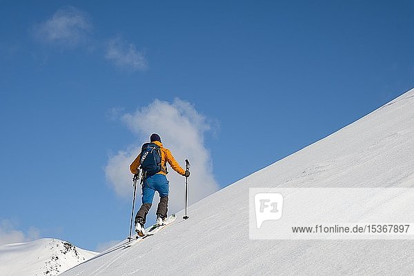 Ski mountaineer on steep slope to Pilan  Austvågøy  Lofoten  Norway  Europe