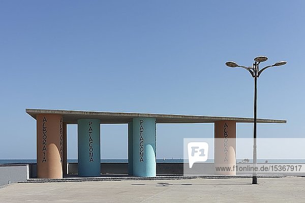 Pastel pavilion at the beach promenade  deserted  Platja de la Patacona  Platja de la Alboraya  Valencia  Spain  Europe