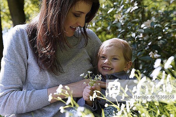 Mutter mit kleiner Tochter auf einer Blumenwiese  Tschechische Republik  Europa