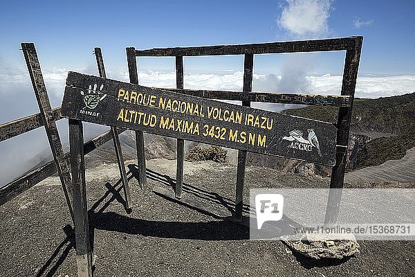Old wooden shield at the main crater of Irazu Volcano  Irazu Volcano National Park  Parque Nacional Volcan Irazu  Cartago Province  Costa Rica  Central America