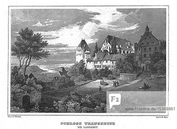 Burg Trausnitz  Landshut  Zeichnung von Wörthle  Kupferstich von M. Kurz  Stahlstich von 1840-1854  Königreich Bayern  Deutschland  Europa