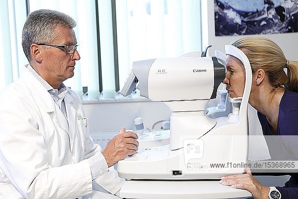Patient during eye examination by an ophthalmologist  Karlovy Vary  Czech Republic  Europe