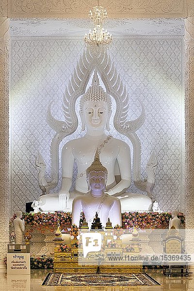 Buddha-Statuen in der weißen Gebetshalle  Wat Huay Pla Kang Tempel  Chiang Rai  Nordthailand  Thailand  Asien
