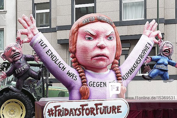 Motto car by Jacques Tilly  figure of climate activist Greta Thunberg  Fridays for Future student movement  Carnival Monday procession 2019  Düsseldorf  North Rhine-Westphalia  Germany  Europe