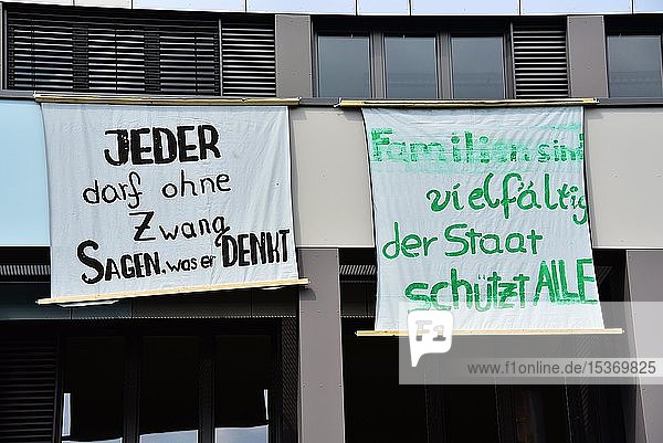 70 years of the Basic Law banners at the Freiburger Gymnasium St. Ursula  Freiburg  Baden Württemberg  Germany  Europe