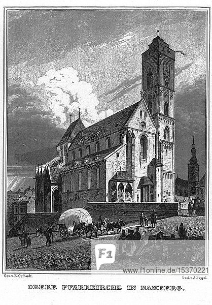 Bamberg  Oberpfarrkirche  Zeichnung von Ed. Gerhardt  Stahlstich von J. Poppel  1840-54  Königreich Bayern  Deutschland  Europa