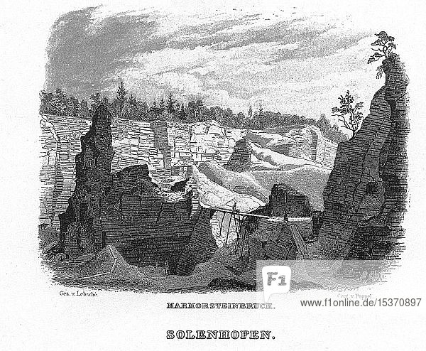 Solnhofen  Steinbruch  Zeichnung von Lebschée  Stahlstich von J. Poppel  1840-54  Königreich Bayern  Deutschland  Europa