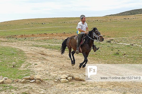 Qashqai Rider galloping  Qashqai nomad camp  Fars Province  Iran  Asia