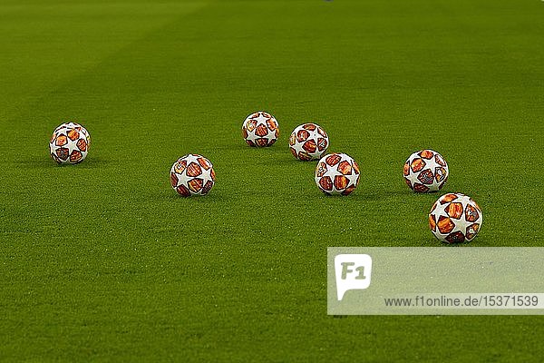 Spielbälle der Champions League CL auf Rasen  Allianz Arena  München  Bayern  Deutschland  Europa