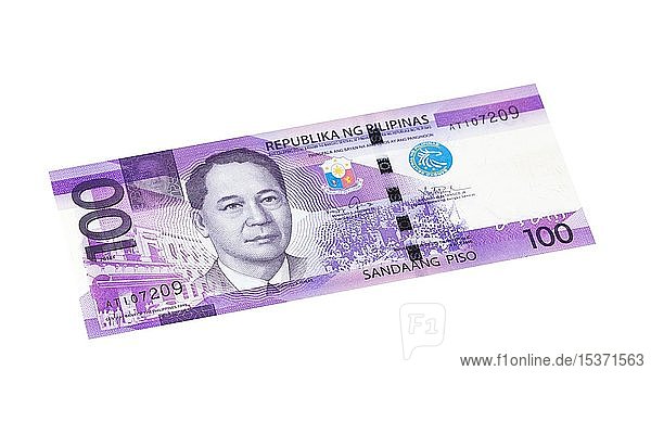 Philippinische Einhundert-Peso-Banknote  weißer Hintergrund  Philippinen  Asien