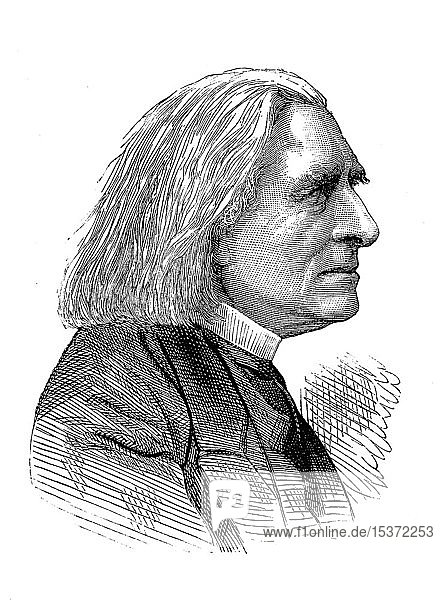Franz Liszt  1811  1886  war ein bedeutender ungarischer Komponist des 19. Jahrhunderts  virtuoser Pianist  Dirigent  Musiklehrer  Arrangeur  Organist  Philanthrop  Schriftsteller  Nationalist und Franziskaner-Terziar  1889  historischer Holzschnitt  Deutschland  Europa