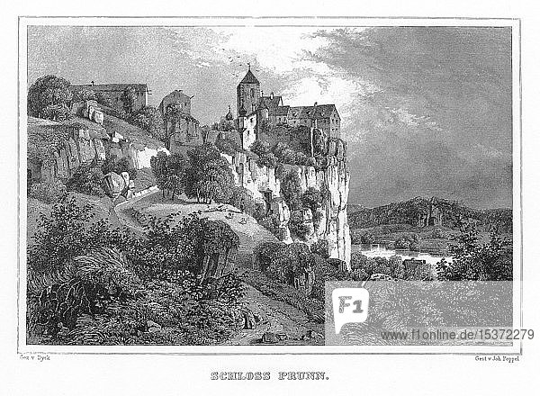 Schloss Prunn im Altmühltal  Zeichnung von Dyck  Stahlstich von J. Poppel  1840-1854  Königreich Bayern  Deutschland  Europa