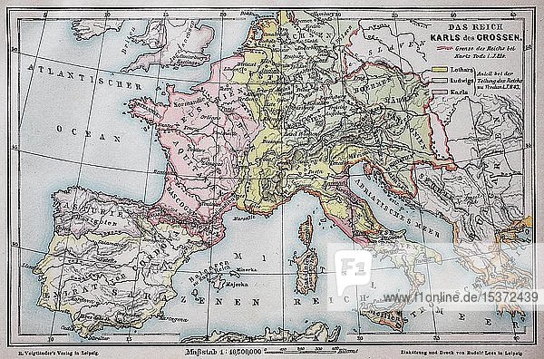 Karte  das Reich Karls des Großen  im Jahr 814 n. Chr.  historische Illustration  Italien  Europa