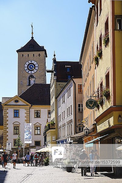 Old town at the coal market with town hall tower Regensburg Upper Palatinate Bavaria Germany Europe