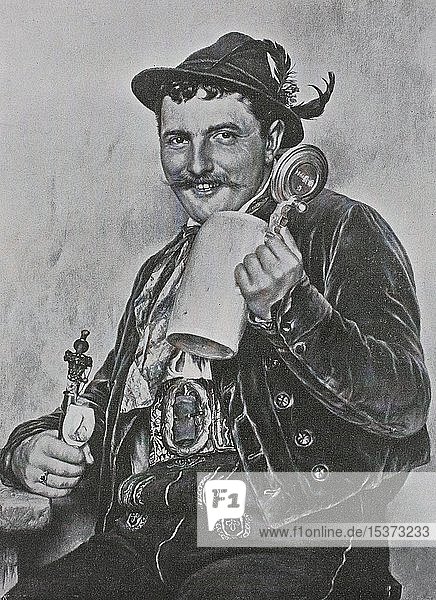 Bavarian man wearing traditional dress and holding a beer mug and a pipe  1899  historical illustration  Germany  Europe