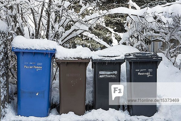 Papiertonne  Mülltonne und Biotonne  Mülltonnen mit Schnee  München  Oberbayern  Bayern  Deutschland  Europa