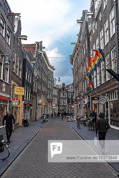 Kleine Straße  traditionelle Häuser mit LGBT-Fahnen  Regenbogenfahnen  Amsterdam  Nordholland  Niederlande