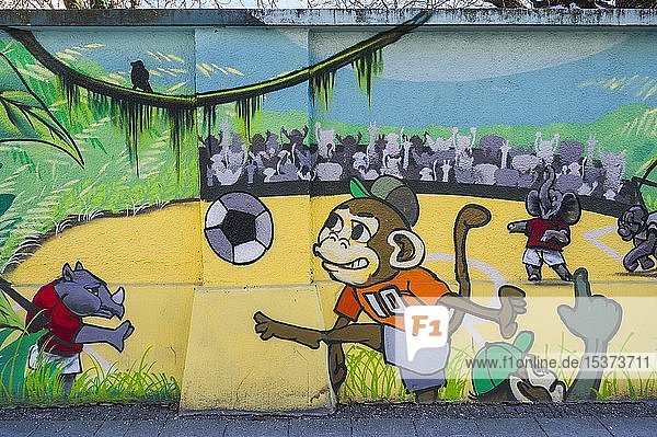 Graffiti auf Wand  Tiere spielen Fußball  München  Oberbayern  Bayern  Deutschland  Europa