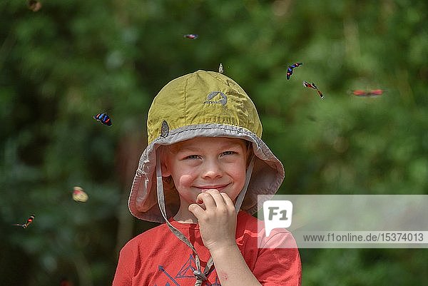 Small boy surrounded by flying colorful butterflies Iguazu Falls Puerto Iguazu Argentina South America