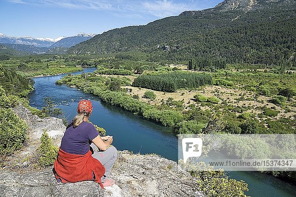 Tourist looking into river valley of Rio Futaleufu  region de los Lagos  Patagonia  Chile  South America