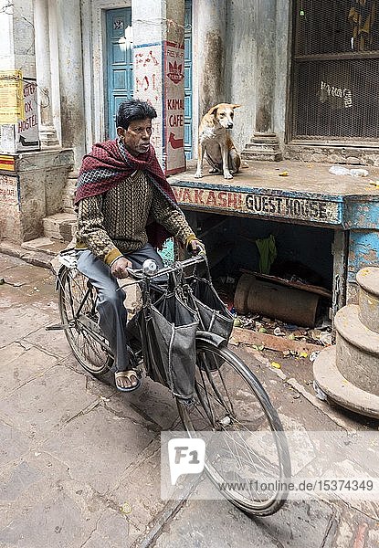 Mann auf Fahrrad in engen Straßen  Altstadt von Varanasi  Uttar Pradesh  Indien  Asien