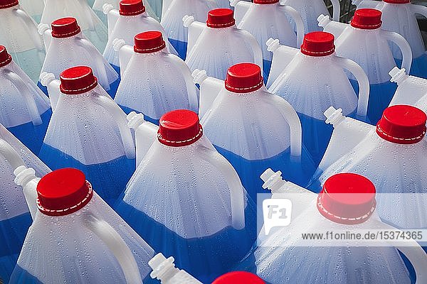 Plastikflaschen mit Flüssigkeit für Scheibenwaschanlagen in Baumärkten  München  Oberbayern  Bayern  Deutschland  Europa