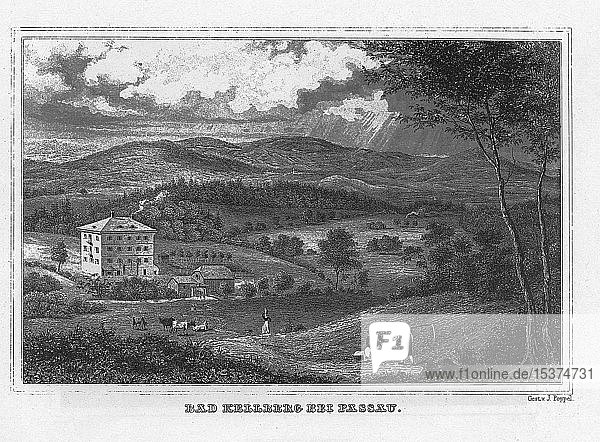 Bad Kellberg bei Passau  Kupferstich von J. Poppel  Stahlstich 1840-1854  Königreich Bayern  Deutschland  Europa