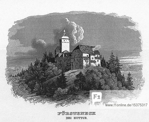 Schloss Fürsteneck  Perlesreut  Zeichnung von Seeberger  Stahlstich von J. Poppel  1840-1854  Königreich Bayern  Deutschland  Europa