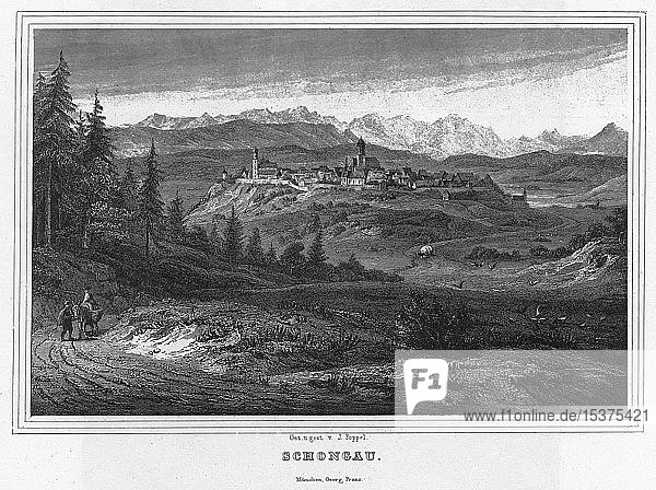 Schongau  Zeichnung und Kupferstich von J. Pöppel  Stahlstich von 1840-1854  Königreich Bayern  Deutschland  Europa
