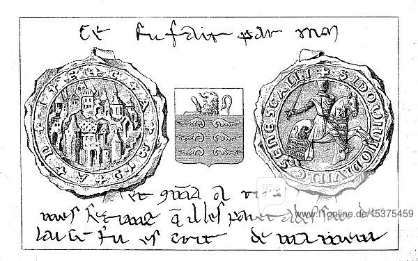 Siegel  Wappen und Handschrift des Gottfried von Joinville  aus der Zeit der Kreuzzüge  historische Illustration  1880  Deutschland  Europa