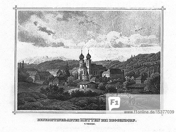 Benediktinerabtei Metten an der Donau  Zeichnung und Kupferstich von Westen  Stahlstich von 1840-1854  Königreich Bayern  Deutschland  Europa