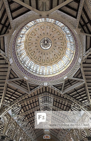Roof construction and dome with artistic tile decor  market hall  Mercat Central  Valencian modernist building  Valencia  Spain  Europe