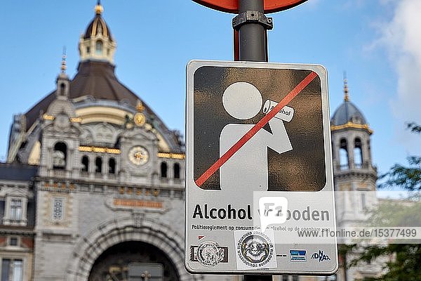 Signs in the city centre  ban on alcohol in public  Antwerp  Belgium  Europe