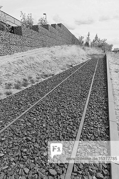 Railway tracks end in emptiness  memorial to the deported Jews  former goods station Derendorf  Düsseldorf  Rhineland  North Rhine-Westphalia  Germany  Europe