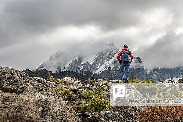 Female hiker looks into the distance  mountain landscape in autumn  glacier at the back Mt. Shuksan with snow in clouds  Mt. Baker-Snoqualmie National Forest  Washington  USA  North America