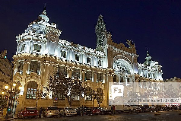 Post office building  Palacio de Communicaciónes  building from 1922  illuminated at night  Valencia  Spain  Europe