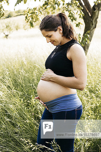 Junge schwangere Frau mit Babybauch  auf einer Wiese stehend
