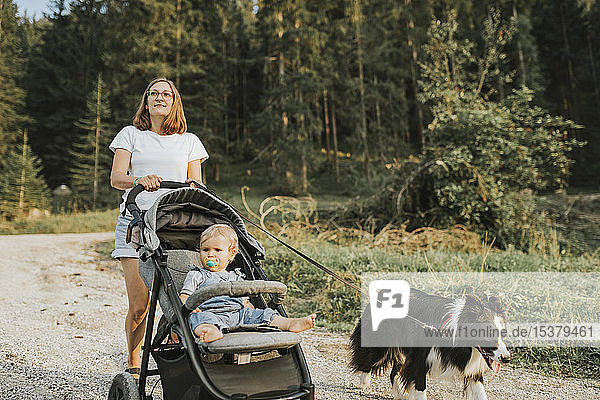 Mutter mit Baby im Kinderwagen und Hund beim Spaziergang auf einem Waldweg