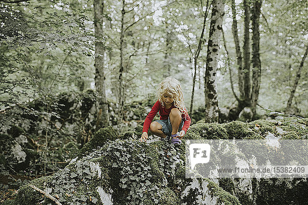 Blondes Mädchen sitzt auf einem Felsen im Wald