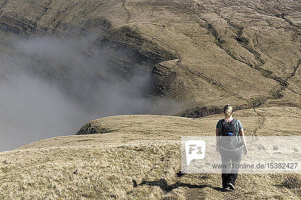 UK  Wales  Brecon Beacons  Junge Frau beim Wandern in Bannau Sir Gaer Ridge