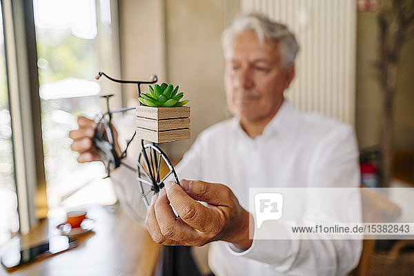 Senior businessman holding bicycle model in a cafe
