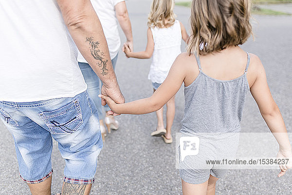 Rückansicht einer Familie  die Hand in Hand auf einer Straße geht