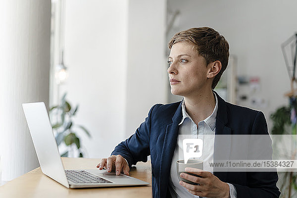 Businesswoman using laptop in a cafe
