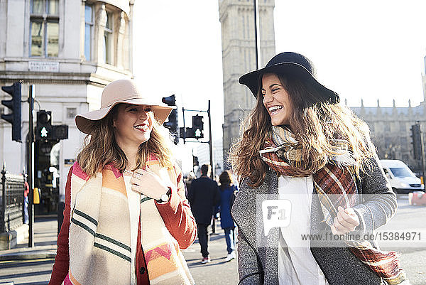 UK  London  two happy women in the city near Big Ben