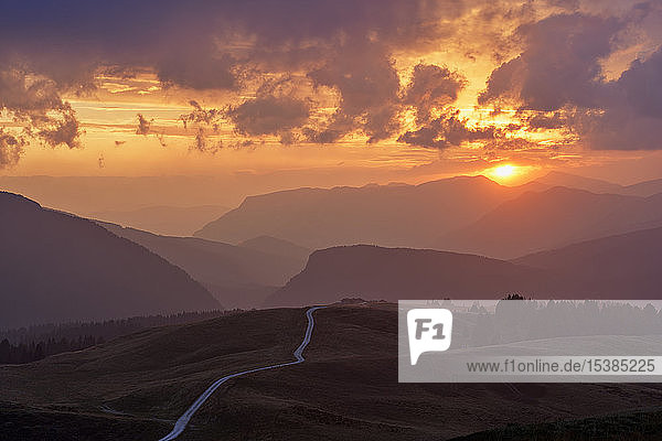 Italien  Dolomiten  Passo Rolle  Feldweg in den Bergen bei Sonnenuntergang