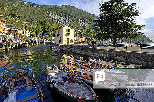 Italien  Trentino  Gardasee  Torbole  alter Hafen  farbige Fischerboote