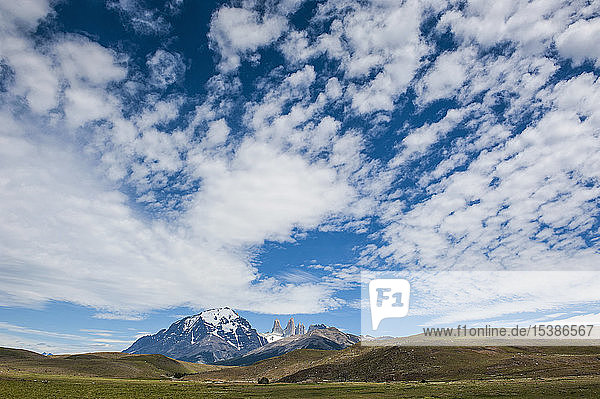 Chile  Patagonia  Torres del Paine National Park  meadow and mountains under cloudy sky