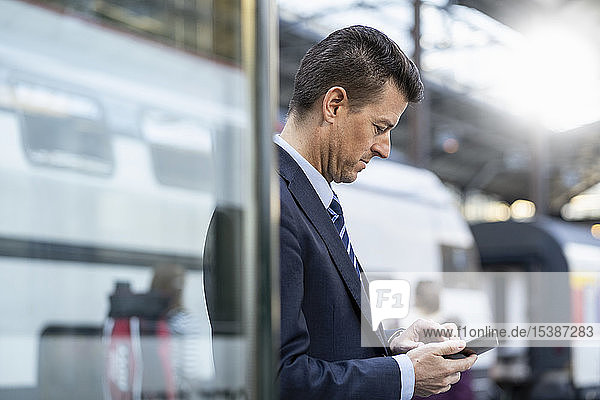 Businessman using cell phone at train station